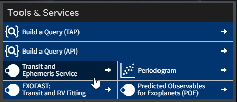 screenshot of the Tools & Services button grid with the button labeled Transit and Ephemeris Service highlighted