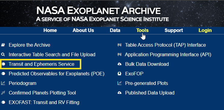 screenshot of the Tools pull-down menu displayed and the Transit and Ephemeris Service option highlighted inside a yellow rectangle