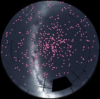 This image shows the northern hemisphere of the sky observed by TESS; each pink dot represents a TESS confirmed planet